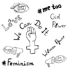 Seth feminism. Signs and symbols of femininity and feminism with motivational inscriptions