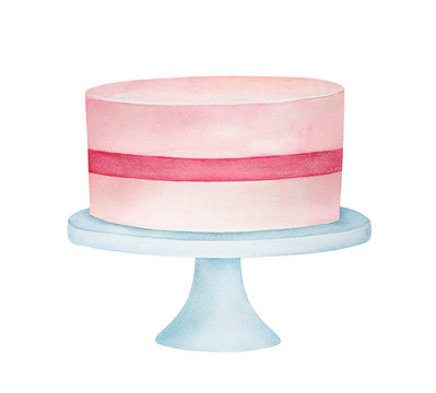 Watercolour sketch of pink festive cake on classic white stand. One single object, front view. Hand painted water color sketchy drawing, cutout clip art element for design, greeting card, invitation.