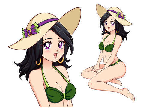 Anime girl wearing green swimsuit and summer hat. Black hair, big violet eyes. Hand draw vector illustration.