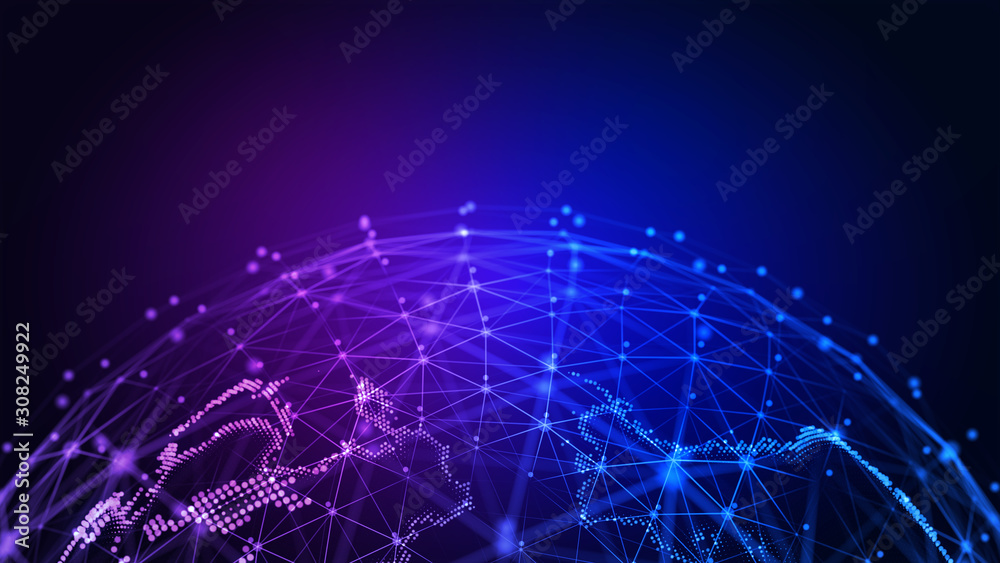 Wall mural connection lines around earth globe. background with light effect. global international connectivity