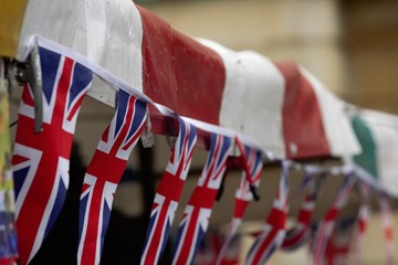 UK flags hanging in a row in Cambridge