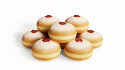 Traditional Hanukkah donuts with jelly, jam isolated on white background, front view. Stack of doughnuts, Fat Thursday Polish dessert background. Homemade donut closeup, Chanukah sweet sugar food.