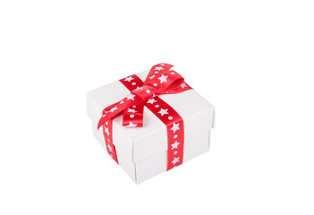  White present box with christmas ribbon isolated on white