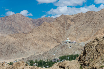 Ladakh, India - Jul 02 2019 - Shanti Stupa view from Namgyal Tsemo Monastery (Namgyal Tsemo Gompa) in Leh, Ladakh, Jammu and Kashmir, India.
