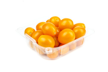 Fresh yellow Cherry tomato or sun gold (Solanum lycopersicum var. cerasiforme) isolated on white background