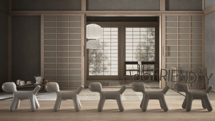 Wooden table top or shelf with line of stylized dogs, dog friendly concept, love for animals, animal dog proof home, empty room, futon, tatami, rice paper door, traditional tearoom