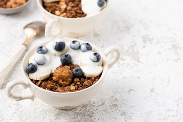 Granola, oatmeal with berry food background