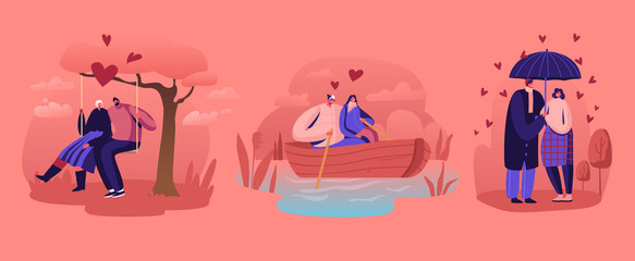 Loving Couples Relations Set. Young People in Love Spend Time Together, Man and Woman Walking under Umbrella in Rainy Weather Floating on Boat and Riding Swing in Park Cartoon Flat Vector Illustration