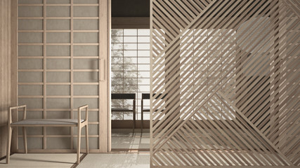 Wooden panel close-up, empty japanese tea room with tatami, futon, rice paper door, chairs and lamp. Minimalist zen interior design concept idea, contemporary architecture template