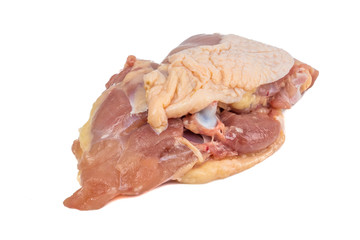 Raw chicken thigh chunks isolated on white background.food concept for advertising