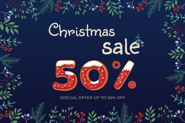 Christmas Sale -50% vector banner with gingerbread cookies and floral ornament on dark blue background.