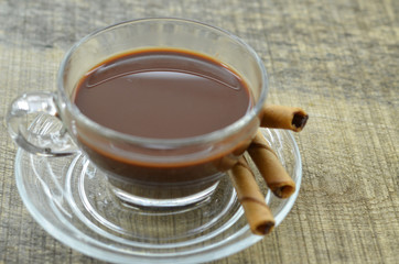 Breakfast with waffles roll and hot cocoa