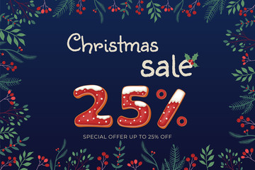 Christmas Sale -25% vector banner with gingerbread cookies and floral ornament on dark blue background.