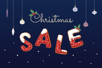 Christmas Sale vector banner with gingerbread cookies, christmas decorations, snow and holly on dark blue background.