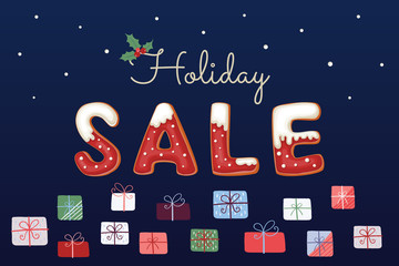 Holiday Sale vector banner with gingerbread cookies, snow, gift boxes and holly on dark blue background.