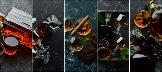 Photo banner. Photo collage with brandy bottle and glasses. On a black stone background.