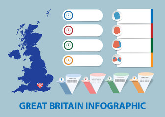 Infographic template for economic, sociological, demographic and other presentations. The blind map of Great Britain and a number of different blank labels ready for your text. All on trendy blue back
