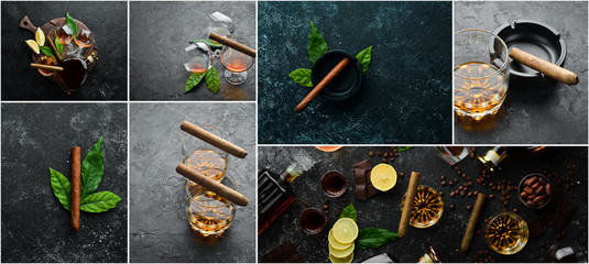 Photo banner. Collage photo with cigars, whiskey and brandy. On a black stone background.