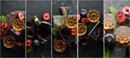 Photo banner. Photo collage of plum brandy. Plum alcoholic drink. On a black stone background.
