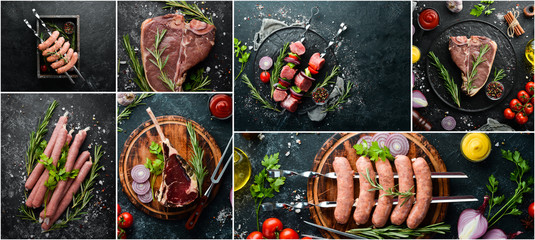 Photo banner. Photo collage, barbecue, raw steaks and meat. On a black stone background.