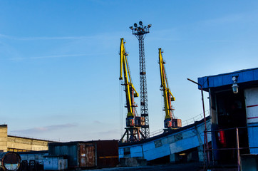 Port cranes transportation coal. The territory of the coal port.