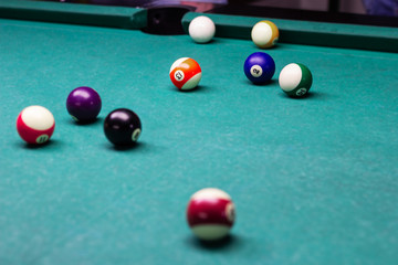 the game of pool. good ball shot to the pocket. win.skill