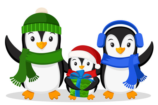Family of penguins and the little penguin with a gift on white background. Christmas characters