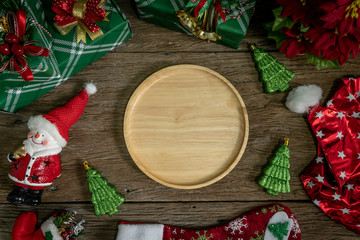 Top view, empty wood dish Decoration with gift box and lights on Christmas Day on wooden table.aerial view