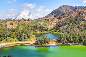 Fototapeta na wymiar beautiful landscape view of the Telaga Warna lake surrounded by trees, taken from the height area/aerial view, selectively focused