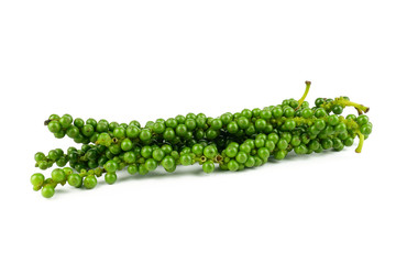 Fresh green pepper.(Piper nigrum Linn) Piperaceae or Peppercorns isolated on white background.food ingredient