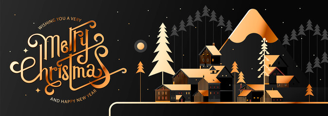 New year and Christmas snowy winter landscape with coniferous forest, pines, mountains, cottages and hand drawn Merry Christmas typography . Celebration quotation for poster, card, postcard, event