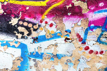 Closeup of damaged abstract colorful wall texture