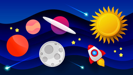 Space Flat Vector Background With Rocket, Spaceship, Moon, Planets .