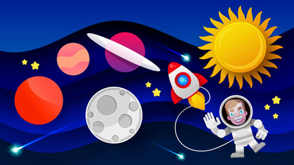 Space Flat Vector Background With Rocket, Spaceship, Moon, Planets .