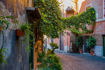 Beautiful and pitoresque street view in Rome, Trastevere district.