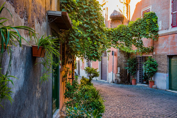 Fototapeta na wymiar Beautiful and pitoresque street view in Rome, Trastevere district.