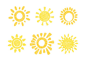 Sun Icons Vector Set. Hand drawn doodle Different Yellow Suns