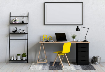 3D render interior living room workspace with laptop computer and mockup blank poster