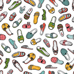 Shoes Vector background. Slippers Seamless pattern. Hand drawn doodle female, male and children's House Slippers