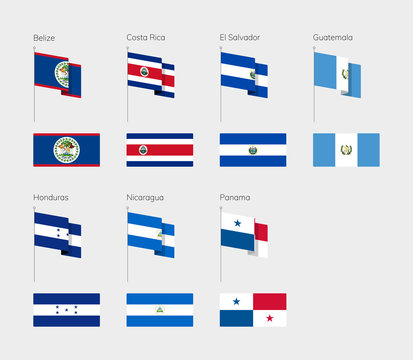 Countries of Central America according to the UN classification. Set of flags. Belize, Costa Rica, El Salvador, Guatemala, Honduras, Nicaragua, Panama.