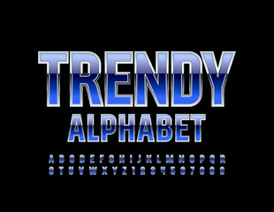 Vector trendy Alphabet. Blue and Silver chic Font. Shiny Letters, Numbers and Symbols