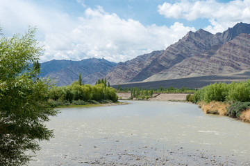 Ladakh, India - Jul 06 2019 - Indus River view from Stakna Village in Ladakh, Jammu and Kashmir, India.