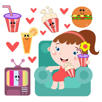 Little Girl Watching Television Activity with Drink and Food Cute Cartoon. Vector Template Design Illustration