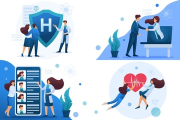 Set 2D Flat concepts work of doctors for the preservation and promotion of health. For Concept for web design