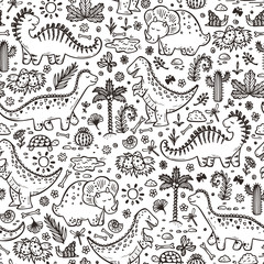 Fototapeta premium Extinct animals. Prehistoric Reptiles. Cute Cartoon Dinosaur Vector Seamless pattern. Hand drawn doodle Dinosaurs: Tiranossauro Rex, Triceratops, Stegosaurus, Diplodocus and Plants. No Fill Color