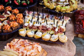Delicacies and snacks on a buffet or banquet. Catering.