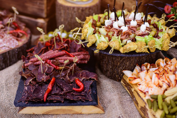 Delicacies and snacks on a buffet or banquet. Catering.