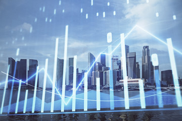 Forex chart on cityscape with tall buildings background multi exposure. Financial research concept.