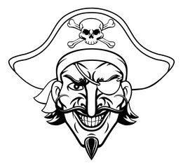 A pirate cartoon character captain mascot face with skull and crossed bones on his tricorne hat