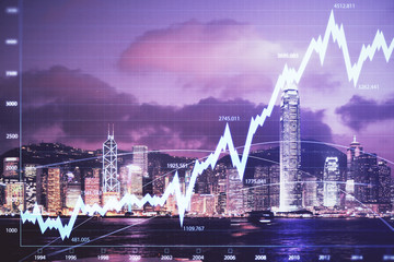 Double exposure of forex chart drawings over cityscape background. Concept of success.